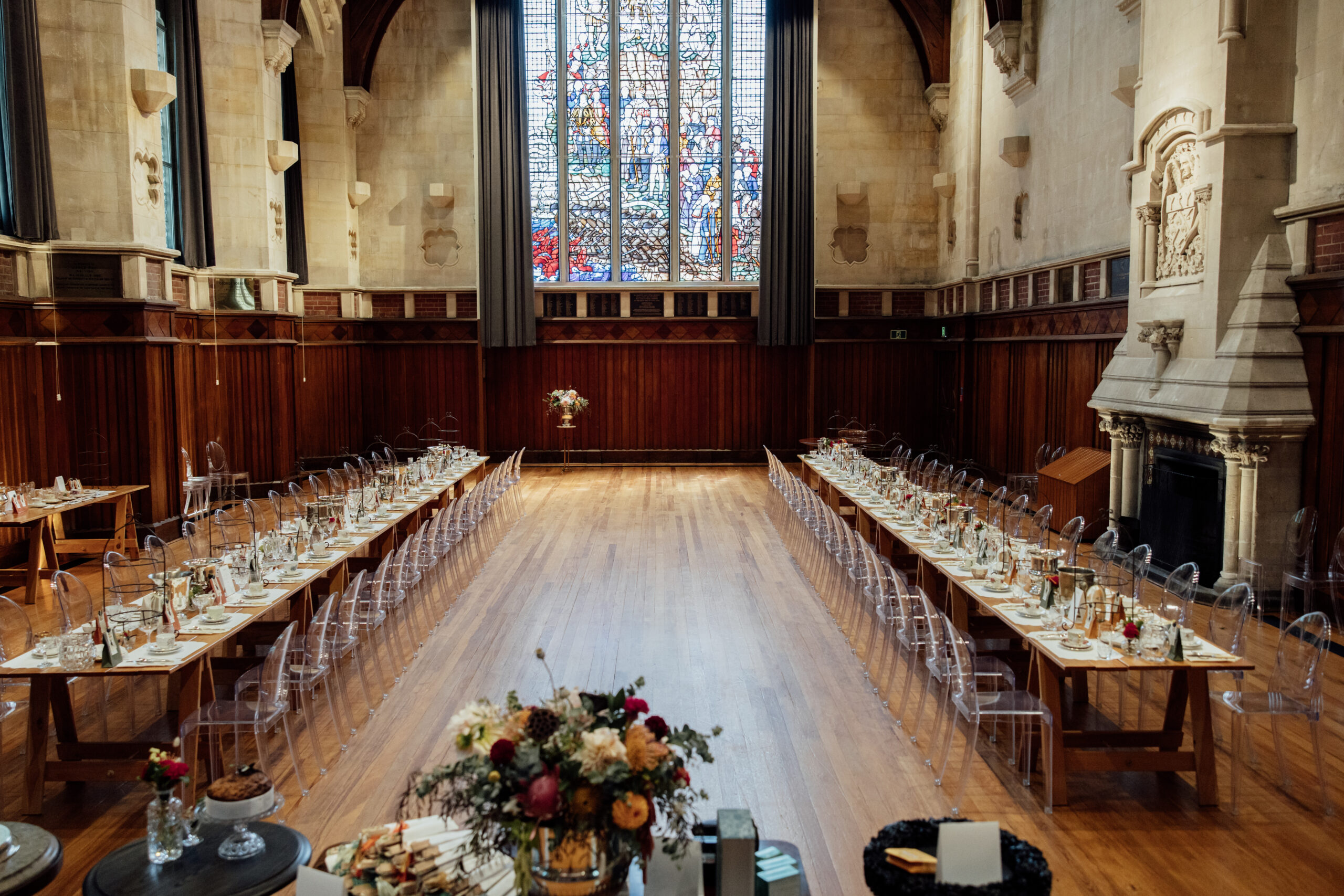 The Great Hall, Christchurch set up for a wedding with tables and chairs