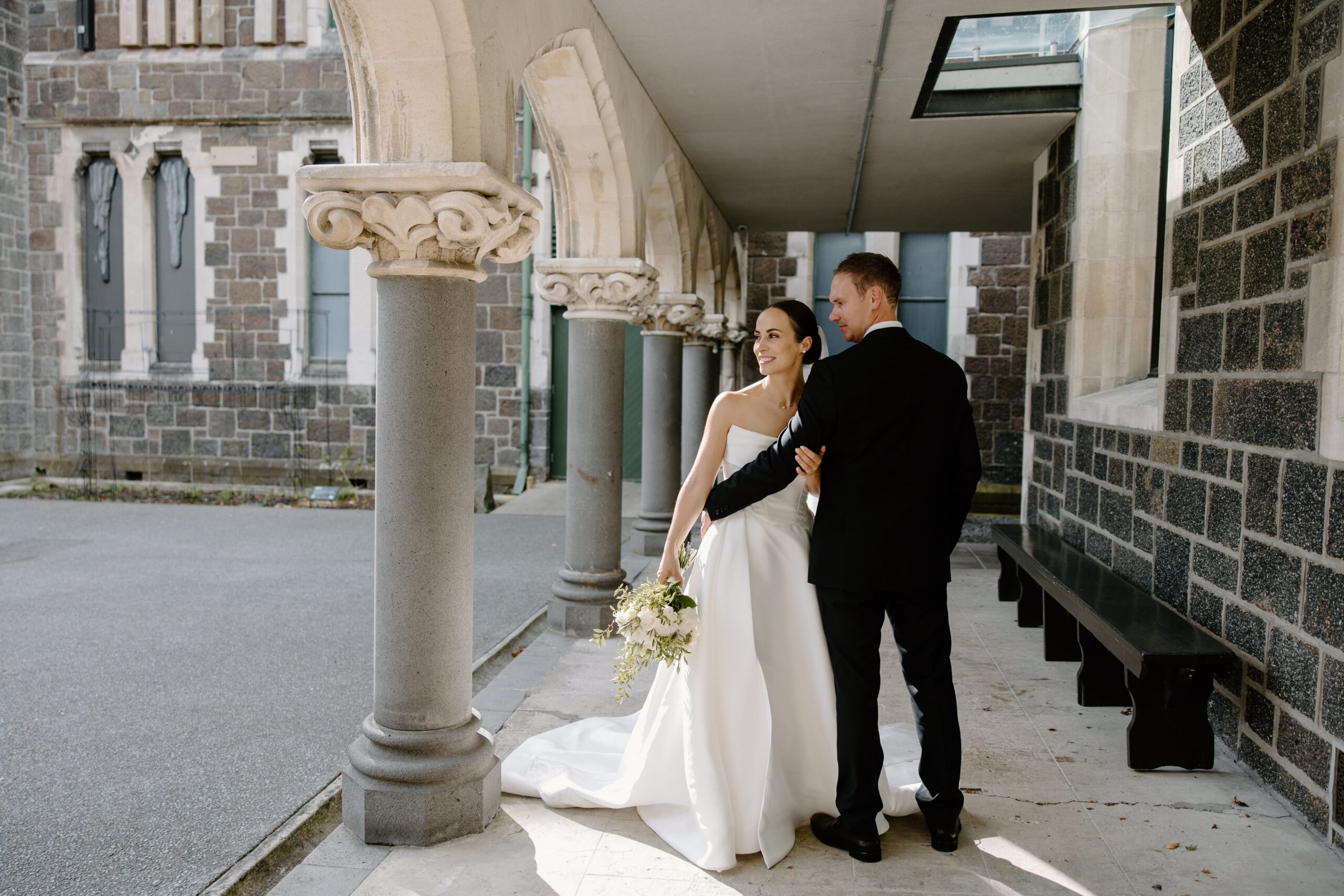 Couple at The Arts Centre Christchurch for wedding photos