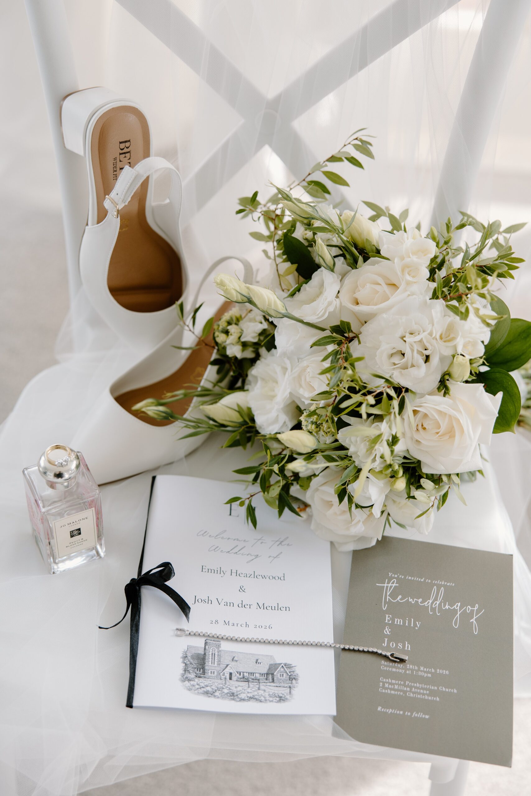 Brides details including shoes, flowers and jewellery