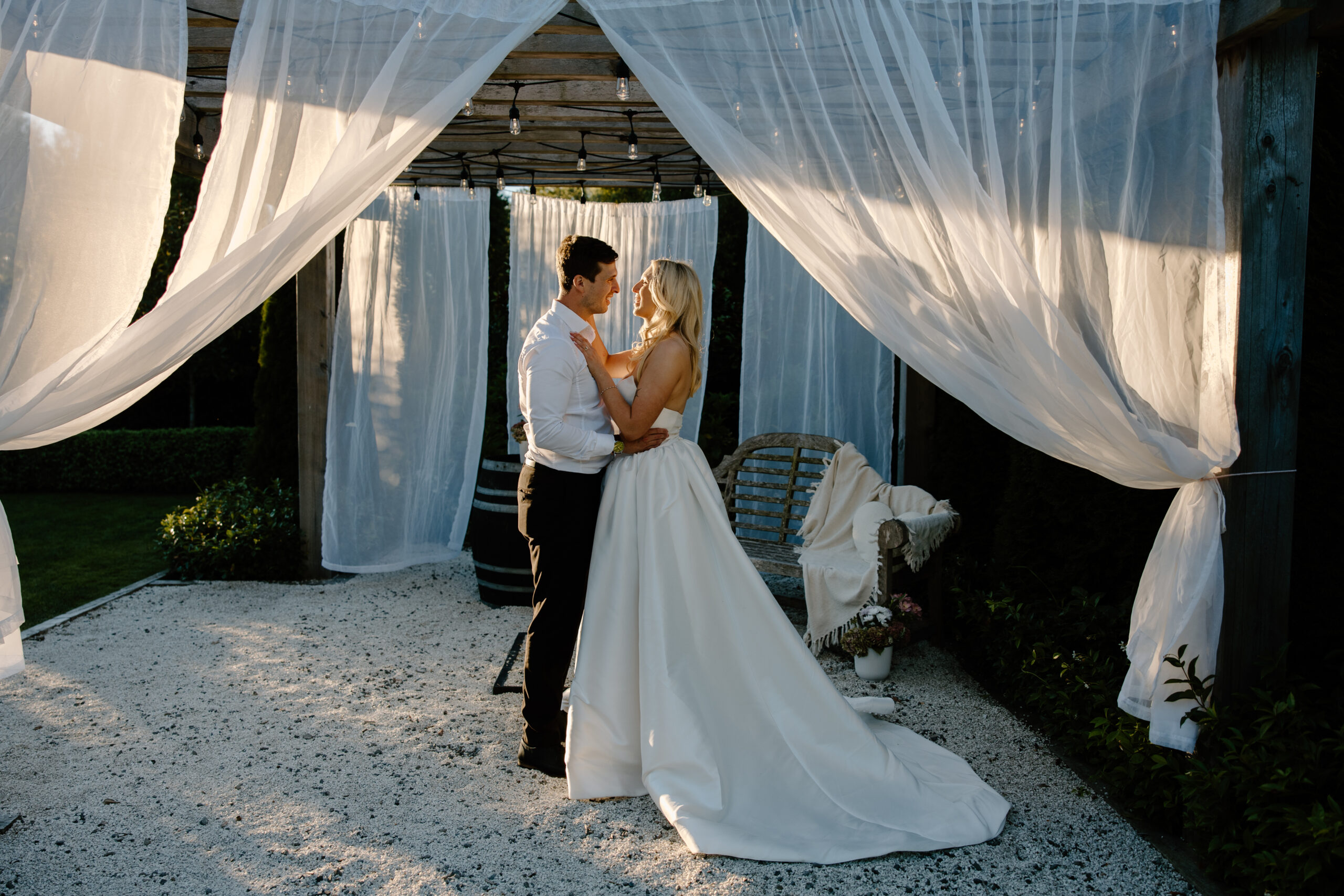 Bride and Groom at summer Tai Tapu Hotel wedding near Christchurch.